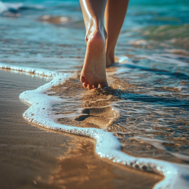 Füße, die am Strand gehen, als Synonym für "sich auf den Weg machen", "beginnen" an sich zu arbeiten.