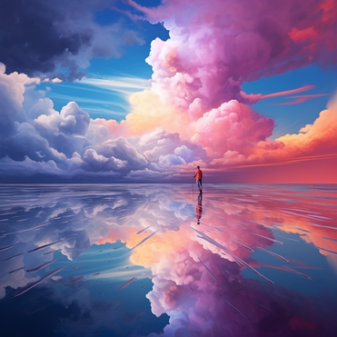 Eine sehr farbenfrohe Illustration von pinken, orangen und violetten Wolken die sich im Wasser spiegeln, weiter offener Horizont, vorne sieht man eine Person stehen