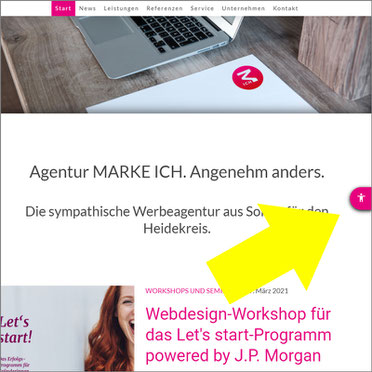 Screenshot der Website von MARKE ICH mit dem Hinweis auf die Funktion, die Seite in einer barrierefreien Fassung anzeigen zu lassen.