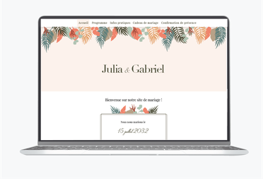 Site de mariage-Site interenet de mariage- wedding site-site internet assorti au faire-part-Feuille de palmier-tropical-tropique-orange et vert-exotique