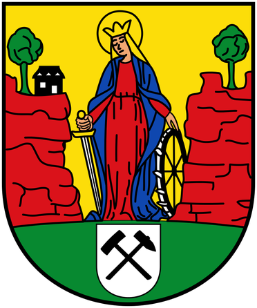 Stadtwappen von Buchholz mit Heiliger Katharina, Bergwerk, Buchen, Schwert und dem Folterrad der Heiligen (www.wikipedia.de)