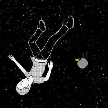 What is free fall? A person and an apple falling freely in front of space.