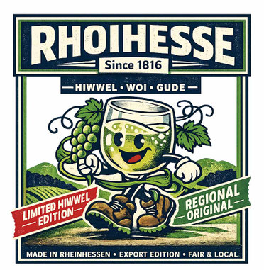 Hiwwel-Edition Motiv auf Rheinhessen-Shirt mit Hiwwi, dem wandernden Weinglas, Weinreben, Weinbergen, Schriftzug „Rhoihesse Since 1816“ sowie den Elementen „Limited Hiwwel Edition“, „Regional Original“ und „Export Edition“