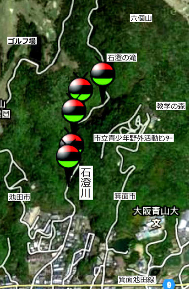 石澄川の山間部のピンが立つ5か所で、今回、ホタルを確認。(「Coco - Hotal」から)