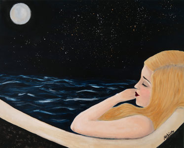 Japanese Nihonga painting blonde haired girl with long open hair with closed eyes lies in a bathtub relaxing and dreaming of the wide ocean in the night with stars shining at the sky and the moon surreal art surrealism artwork for your home for sale