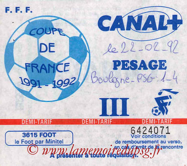 Ticket  Boulogne sur Mer-PSG  1991-92
