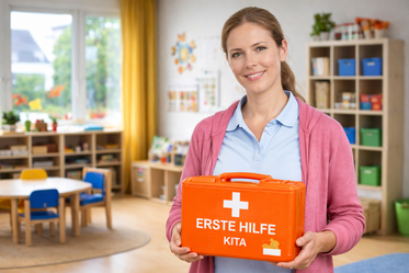 Erzieherin in einer Kita im Kreis Soest hält einen orangefarbenen Erste-Hilfe-Koffer für Notfälle in der Kinderbetreuung