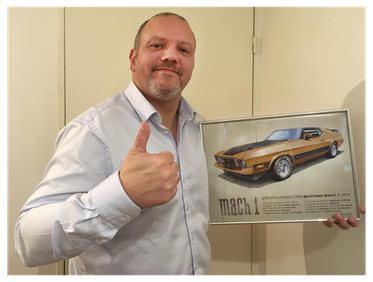 1973 Mustang Mach 1 printed drawing with its owner