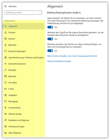 Datenschutzeinstellungen in Windows 10 nach Creators Update