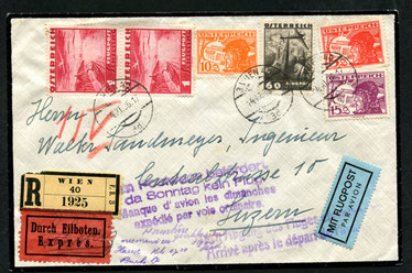 14.11.1936 Wien, R-Expressbeleg mit Flugpostfrankatur für die OELAG-Linie Wien-München-Zürich. Der Fluganschluss wurde nicht erreicht daher die beiden Ausfallstempel. Rückseitig AKSt. "Luzern 15.6.1936-18".