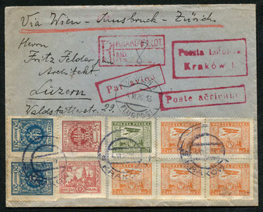 4.6.1926 Krakau, R-Beleg mit Flugpostfrankatur Krakau-Prag-Wien-Innsbruck-Zürich der französischen CIDNA-Linie (oder ab 25.4.1925 Krakau-Wien mit AEROLOT möglich). Transitstempel "Wien 1 Flugpost".