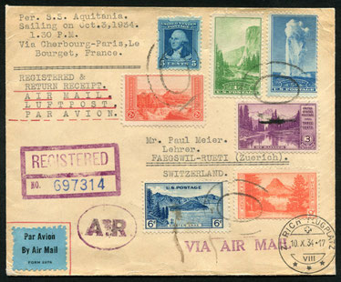 2.10.1934 New York, R-Brief ab New York, per schiff und Bahn nach Paris dann mit SWISSAIR über Basel nach Zürich. Der brief trägt den Stempel "A.R." (avis de réceéption).