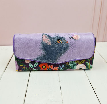 grand portefeuille femme, broderie chat chaton, cadeau fête des mères