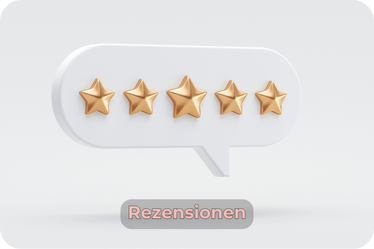 Bewertungs-Symbol mit fünf goldenen Sternen in einer Sprechblase – visuelle Darstellung für Kundenrezensionen, Bewertungen und positives Feedback im Online-Business, Text „Rezensionen“ im Bild.