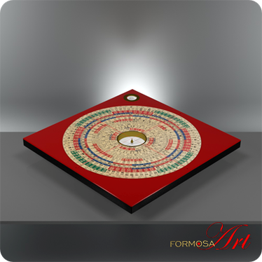 The image shows a traditional Feng Shui compass (Luopan). A Chinese dragon is looking at the Luopan in front of a Chinese Palace as a symbol of the Chinese  tradition.
