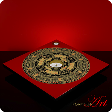 The image shows a Feng Shui compass with a magnifier to show the translated text on the Luopan. The Luopan is HC-188 designed by Grandmaster Howard Choy, manufactured by FORMOSA ART