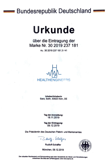 DPMA Patent zu Salih Sara und Healthengineers mit Wort-/Bildmarke