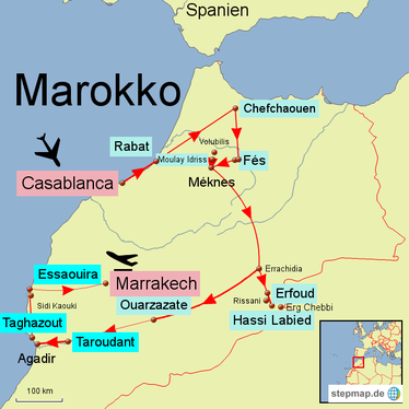 Bild: Reiseroute von der 3 wöchigen Rundreise durch Marokko