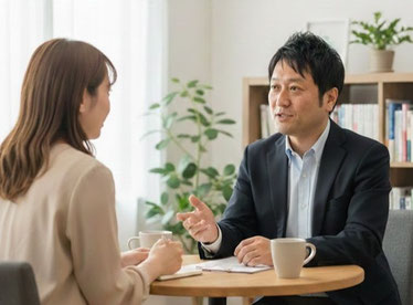 女性会員の悩みに優しく耳を傾け、お相手探しからご成婚まで丁寧にサポートする仲人の様子。置いていかない本気の伴走を行う「空のベンチ」のカウンセリング風景。