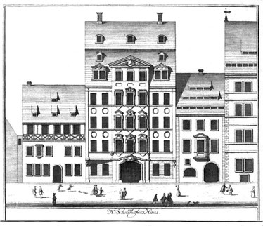 Schellhafers Haus in Leipzig, später Hôtel de Saxe. Stich von Joh. Chr. Püschel. 1750.