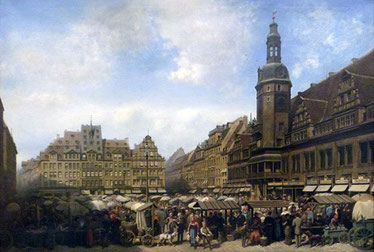 Der Marktplatz in Leipzig. Gemälde von A. Schwendy. 1882.