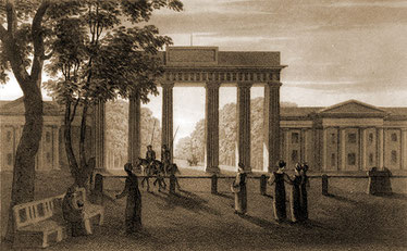 Das Brandenburger Tor in Berlin ohne Quadriga. Lithografie nach einer Zeichnung von J. T. James. 1813.