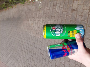 Foto einer Hand die zwei Getränkedosen hält, eine Zitronenlimonade und einen Energydrink