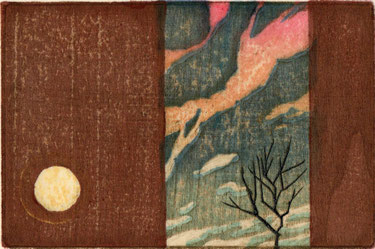 「晴れた日、夕暮れ、月を待っている。」　木版画　10ｘ15cm
