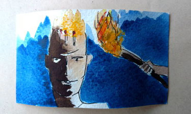 die geistige fackel, aquarell, gesicht mit dem licht der erkenntnis