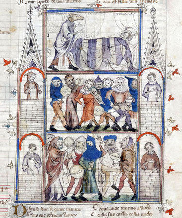 Scène de charivari tirée du Roman de Fauvel, composé par Philippe de Vitry au XIVe siècle.