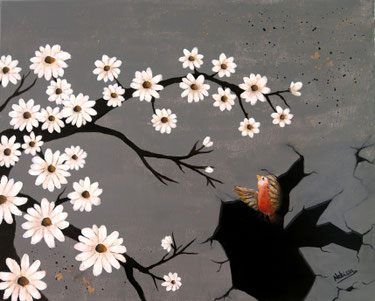 Japanese Nihonga painting daisies flowers in white a red bird flying from a dark hole into the light to the flowers surreal artwork for your home Asian art for sale