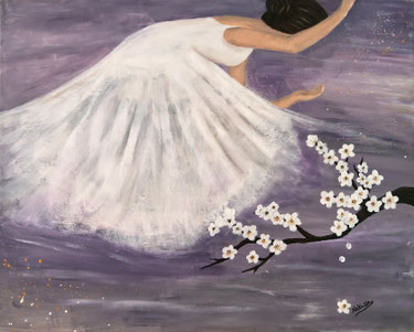 Japanese Nihonga painting a brown haired ballet dancer with white dress behind white flowers on violett background surreal artwork for your home art for sale 