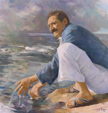 Meher Baba at the Narmada River Marble Rocks, Jabulpur December 25, 1938 ; Artist - Gregg Rosen