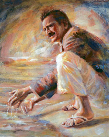 Meher Baba at the Narmada River Marble Rocks, Jabulpur December 25, 1938 ; Artist - Charlie Mills - Courtesy of Dan and Carol Montague