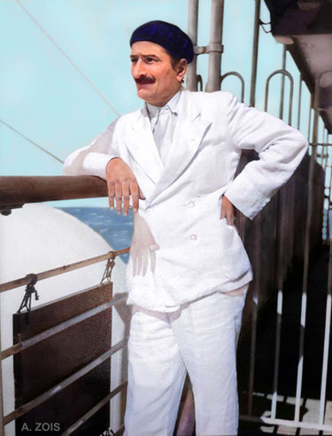 Meher Baba returning from France to India aboard the S.S. Circassia, 1937. Image colourized & enhanced by Anthony Zois.