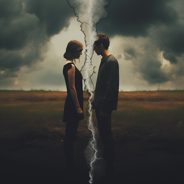 Das Foto von jungem Paar zeigt eine grosse graue Wolke am Himmel und Blitz der beide trennt und auch das Bild zerreisst, im Stil des dystopischen Realismus, rostige Trümmer, Filmplakat, realistische Wiedergabe, mattes Foto, geteilte Tönung