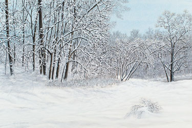 Acrylic painting of snow laden trees - "First Snow"