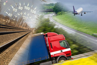 Verschiede Transportege: Schienen, LKW, Flugzeug