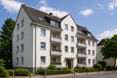 Mehrfamilienhaus in Deutschland mit mehreren Wohnungen und Balkonen als Symbol für Allianz Gebäudeversicherung und Wohngebäudeversicherung für privat genutzte oder vermietete Immobilien.