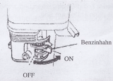 1.    Öffnen Sie den Benzinhahn indem Sie den Hebel auf Position „ON“ bewegen !