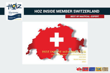 Rote Memberkarte mit weißem Schweizerkreuz und Umriss der Schweiz. Beschriftung: HOZ Inside Member Club – Inside Member Card Switzerland – 2025–2026 – Hans Muster.