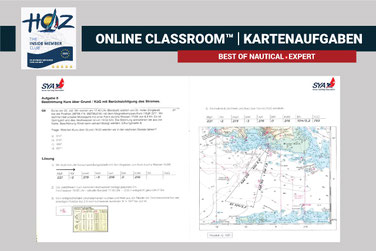 Übungsblatt mit Navigationsaufgabe und Seekarte – praxisorientierte Kartenaufgaben zur Hochseeschein-Theorie im Online Classroom.
