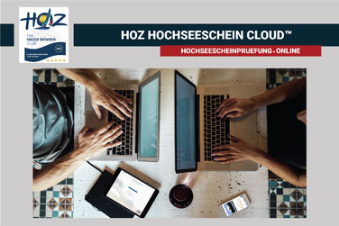 Laptop mit HOZ HOCHSEESCHEIN CLOUD® – zentrale Plattform für Kartenaufgaben, Multiple-Choice-Tests und Lernmodule.