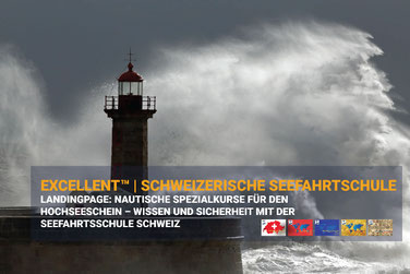 Leuchtturm in stürmischer Brandung – Sinnbild für die EXCELLENT™ Spezialkurse der Schweizerischen Seefahrtschule™, Wissen, Sicherheit und nautische Kompetenz auf See.