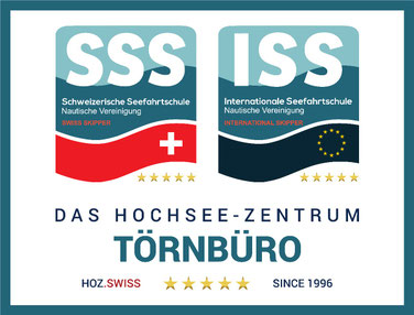 Emblem HOZ Hochseezentrum, SSS und ISS Logos mit Hinweis auf nautisches Törnbüro in der Schweiz.