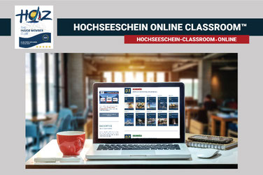 Laptop mit HOCHSEESCHEIN ONLINE CLASSROOM™ – strukturierter Zugang zu allen Modulen für die Hochseeschein-Theorie.