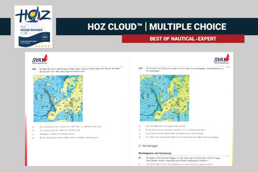 Übungsblatt mit Wetterkarten – Multiple-Choice-Fragen in der HOZ CLOUD™ zur Prüfungsvorbereitung auf den Hochseeschein.