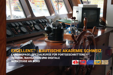 Schiffsbrücke mit klassischen Instrumenten – Darstellung der EXCELLENT™ Spezialkurse der Nautischen Akademie Schweiz™, Technik, Navigation und digitale Werkzeuge an Bord.“