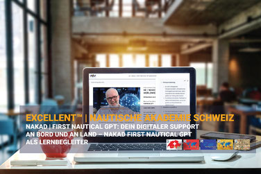 Laptop mit NAKAD | FIRST NAUTICAL GPT™ – EXCELLENT™ Kurs der NAUTISCHEN AKADEMIE SCHWEIZ™, digitaler Lernassistent für Navigation und Kartenaufgaben.