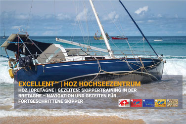 Segeljacht am Strand der Bretagne – EXCELLENT™ Skippertraining des HOZ HOCHSEEZENTRUM™ zu Navigation, Gezeitenkunde und Sicherheit für fortgeschrittene Skipper.